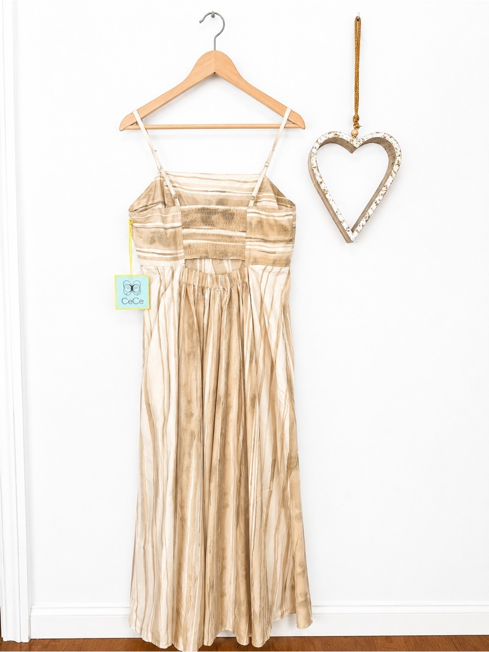 CeCe Boho Tie Dye Maxi Cotton Dress Beige Neutral Strappy Tiered Sundress MEDIUM - Picture 3 of 12